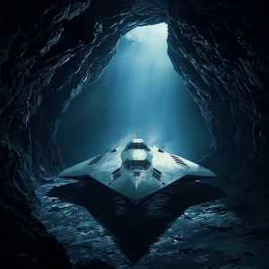 In the depths of a lunar cavern, a chiaroscuro starship hangar e...