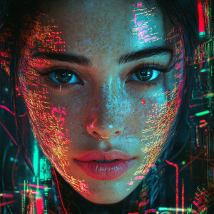 A straight-on, eye-level realistic digital portrait of a woman a...