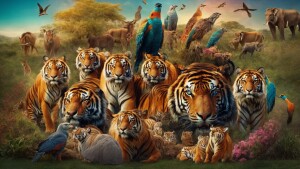 generate a family portrait of a tiger, an elephant, a colorful b...