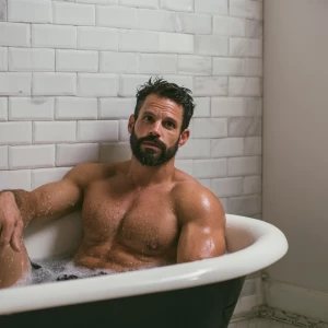 A bodybuilder man is sitting in a old style bathtub that is whit...