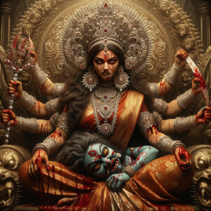 portrait of angry looking goddess durga, sitting on a gold crown...