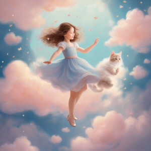 Create a dreamy illustration of a girl floating on top of the cloud, dancing with a cute kitten