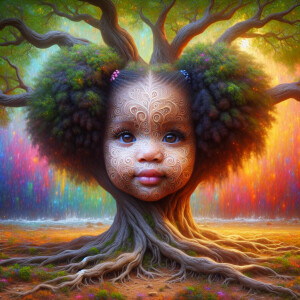 Create a hyper-realistic 3-D oil painting of a tree with a fulle...