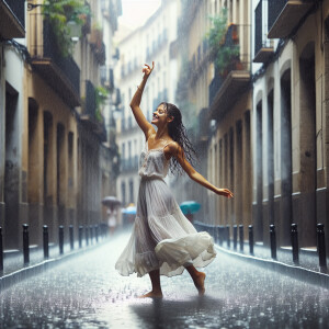 A 20-year-old beautiful woman dancing joyfully under heavy rain...