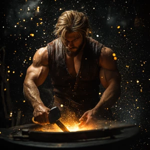 Capture an image of a muscular blacksmith, resembling a 30-year-...