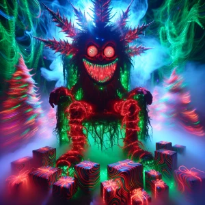 In a hazy, psychedelic forest, a sinister Santa figure sits atop...