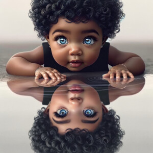A curious cute african-American, baby with huge blue eyes and cu...