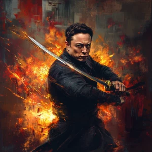 Elon Musk,swinging samurai sword, flames, GTA style