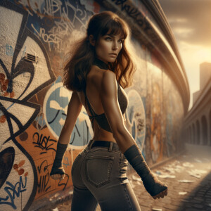 Athletic Thin skinny Attractive, Asian teenage girl, long brown hair and bangs, wearing tight skinny jeans and a halter top paint marks on her clothing, heroic pose Asian graffiti background, backside view