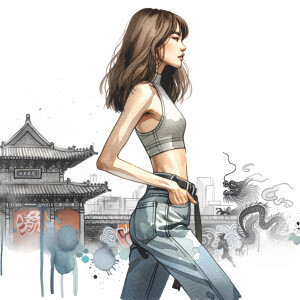 Athletic Thin skinny Attractive, Asian teenage girl, long brown hair and bangs, wearing tight skinny jeans and a halter top paint marks on her clothing, heroic pose Asian graffiti background, side view