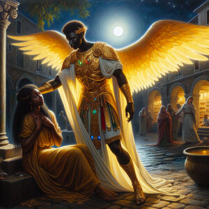 Create an oil painting image featuring a male angel and a grievi...