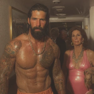 Create a hyperrealistic oil painting of a muscular, bearded, and...
