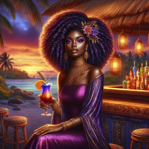 A digital airbrushed highly detailed, realistic stunning, confident Afro Latina woman with long voluminous deep purple curls, sitting at a luxurious tropical beachside bar at sunset. She wears a shimmering, form-fitting purple dress with gold embellishments, intricate jewelry, & elegant tattoos. Holding a vibrant cocktail garnished with an orange slice, she exudes mystery & allure. Background is a beautifully lit tiki-style bar with bottles of exotic liquors, glowing lanterns, palm trees, & a serene ocean view. The ambiance is sultry & glamorous, blending rich purples, warm golden lights, & deep tropical blues.