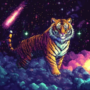 A pixelated space tiger prowling through a glowing 8-bit galaxy,...