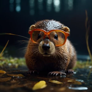 Photorealistic Baby beaver wearing glasses facing camera