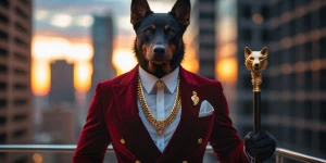 A Man-doberman pincher hybrid dressed in high fashion attire and...