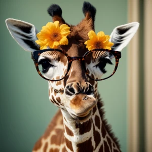 Photorealistic image of a baby giraffe wearing glasses looking s...
