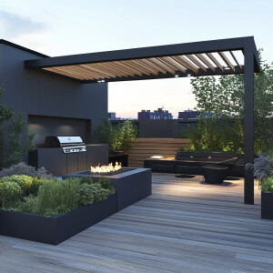 Create a detailed design for a contemporary rooftop garden that...