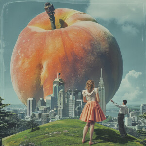 generate a surrealist image of a larger than life peach placed o...