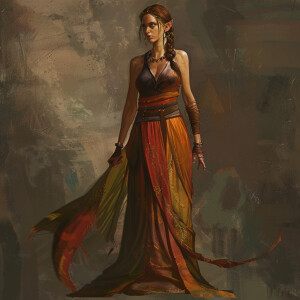 Illustrate a vibrant young elven woman dressed in a graceful ens...