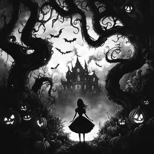 Under the pitch-black night sky, Alice in Wonderland stands alon...