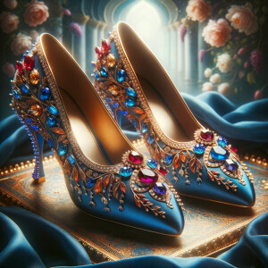 Imagine a pair of enchanting shoes, each a mirror image of the other, placed gracefully upon a regal surface. They are bathed in the soft, diffuse light that casts gentle reflections upon their silk fabric. These shoes are no ordinary footwear; they are a masterpiece of vibrant royal blue, adorned with ornate golden filigree and a multitude of glittering jewels in various hues—rubies, sapphires, emeralds, and delicate pink diamonds. Each shoe boasts an elegant, curved heel in a matching vivid blue, with tiny red and blue gems accenting the base. The shoes are positioned against a backdrop of soft-focus flowers, their pastel colors complementing the rich tones of the shoes, with hints of gold framing providing a touch of opulence. This image captures the essence of a fairy tale brought to life, a visual symphony of color and splendor.