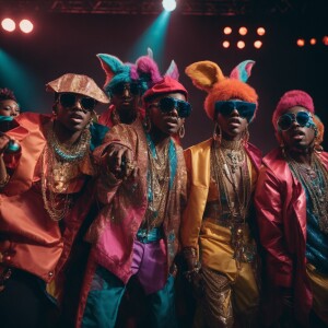 A group of gremlins wearing colorful, modern hip-hop outfits wit...