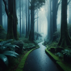 I want a scenery of trees and rainfall a bit bluish dark weather...