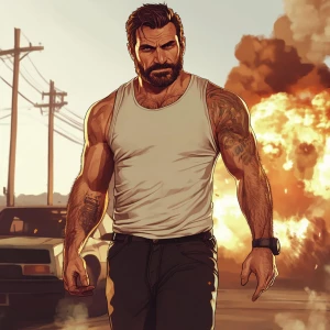 White muscular thin man with beard, big chin, smile and cheekbon...