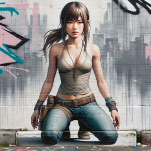 teenage girl, long brown hair and bangs, wearing tight skinny jeans and a halter top paint marks on her clothing, heroic pose Asian graffiti background, nearing on one knee