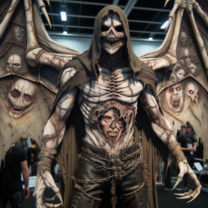 intricately detailed macabre demonic Anthropomorphic Bat/man, he...