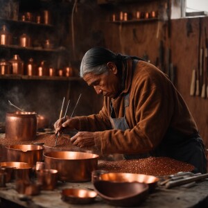 Ancient Native American master craftsman working Copper