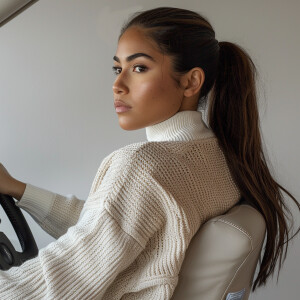A cute Latina woman sitting in a chair

Brown ponytail 

Off gua...