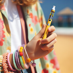 a 13 year old girls hand holding a lemon vape