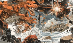 Collage-style comic: 1) robot ninja battling a lizard monster in...