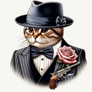 cat in a tuxedo, fedora hat, rose in pocket,, Thompson in hand,...