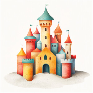 Create a vibrant and whimsical sandcastle illustration with simp...