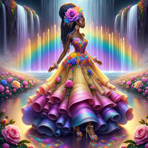 Remix Prompt
S/O Jackie Torres
S/O Panda Locke

create a animated style hyper realistic airbrush whimsical oil painting of a light African American woman wearing a flawless beautiful purple, pink, and gold blossom dress long flowing with colorful flowers and ruffles on the dress colorful jewelry made of flowers she has long black dreadlocks in a bun a colorful rose in her hair her peep toe shoes is matching her dress behind her is a beautiful waterfall liquid glowing lights beautiful colorful rainbow surrounded by beautiful roses.