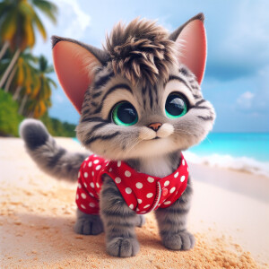 Alvin kitten wearing jump suit standing see the beach