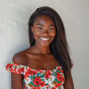 A cute woman

Californian

Smiling 

Clothes: Floral Dress

Look...