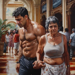 realism style art 1:1,a muscular sweaty beefy man walking  with...