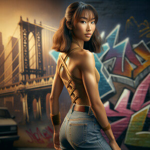 Athletic Thin skinny Attractive, Asian teenage girl, long brown hair and bangs, wearing tight skinny jeans and a halter top paint marks on her clothing, heroic pose Asian graffiti background,  backside view