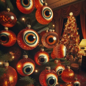 1950s vintage Christmas. Blown glass ornaments on the tree that...
