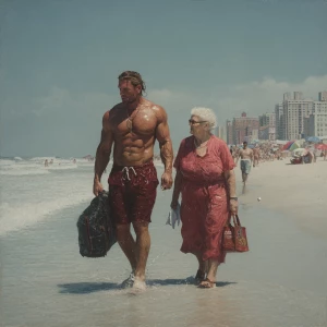 Hyperrealism photo painting .a muscular sweaty man walking  with...