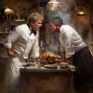 Digital painting of Chef Gordon Ramsay and Chef Boyardee in a he...