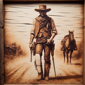 An old west cowboy standing in the middle of the road, in the m...