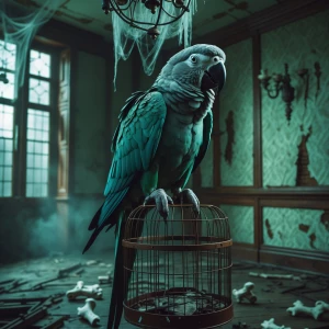 **"A sinister, decayed parrot perched on a rusted cage in a crum...