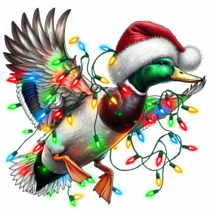 A detailed illustration of a Mallard duck in mid-flight, wrapped...