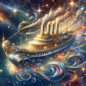 A sparkling celestial cruiser, adorned with intricate golden fil...