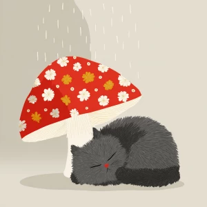 fluffy grey cat sleeping under a red mushroom with white spots,...